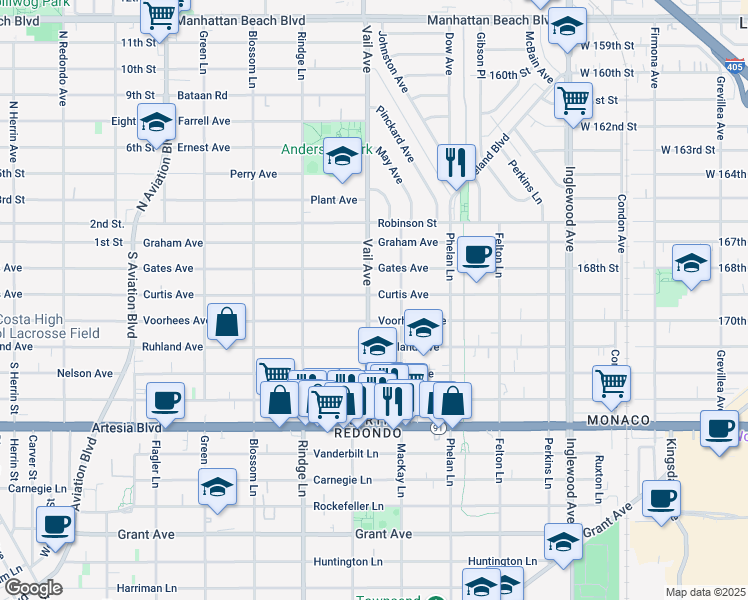 map of restaurants, bars, coffee shops, grocery stores, and more near 2410 Vail Avenue in Redondo Beach