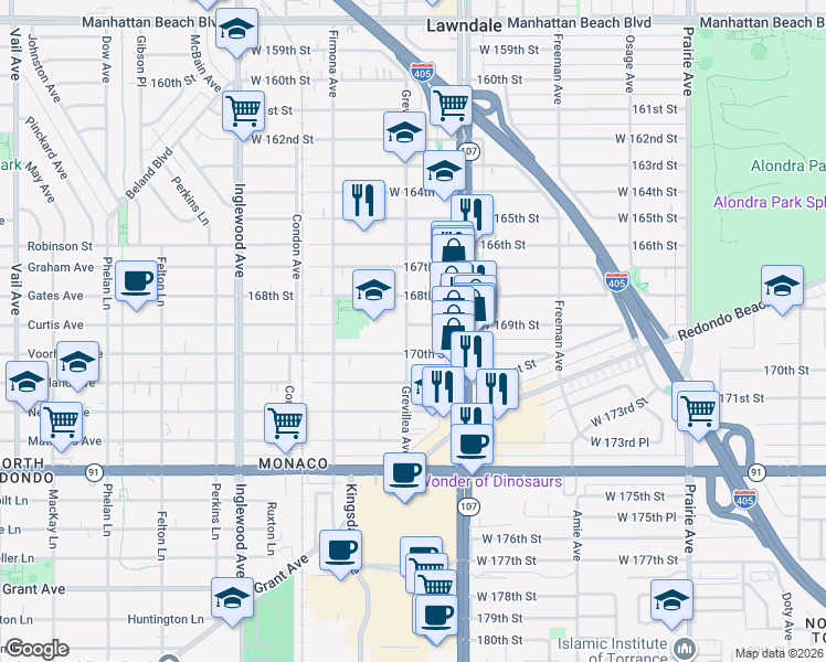 map of restaurants, bars, coffee shops, grocery stores, and more near 4446 169th Street in Lawndale