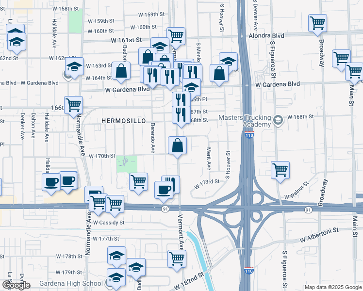 map of restaurants, bars, coffee shops, grocery stores, and more near 16920 South Vermont Avenue in Gardena