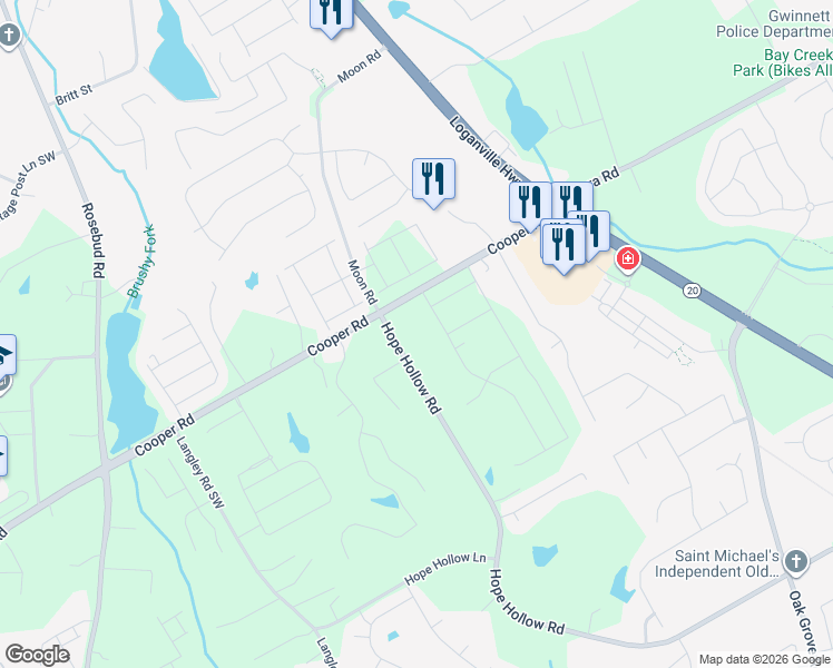 map of restaurants, bars, coffee shops, grocery stores, and more near 665 Hope Hollow Road in Loganville