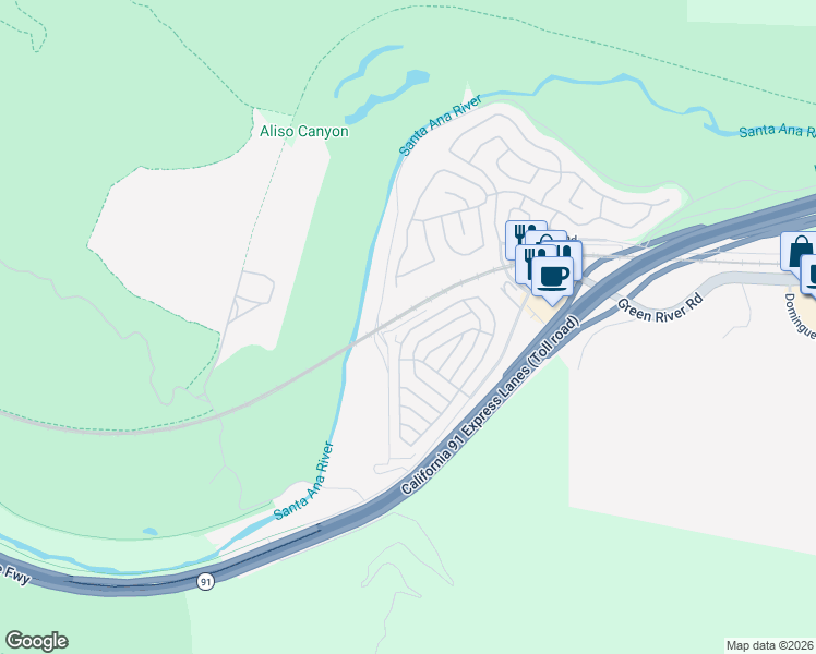 map of restaurants, bars, coffee shops, grocery stores, and more near Arrowhead in Corona