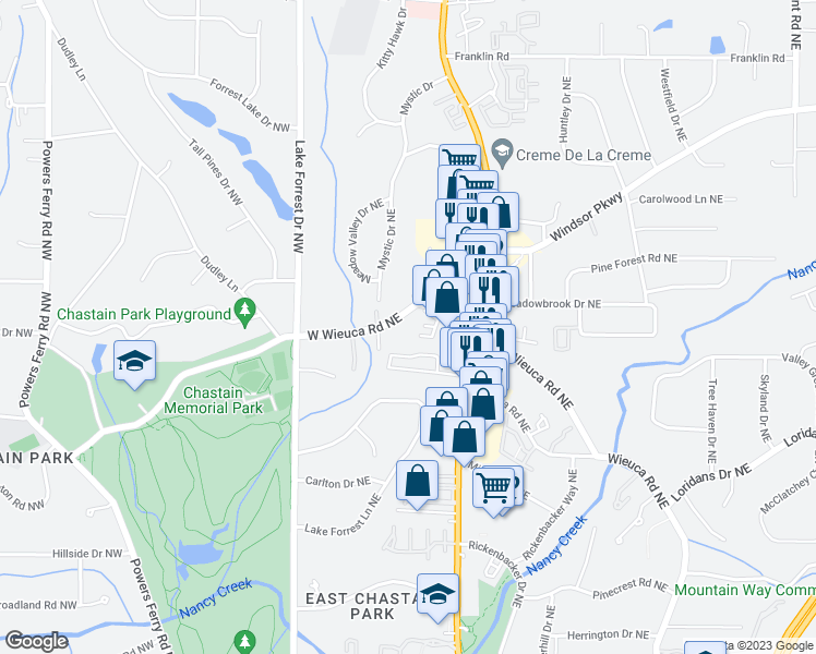 map of restaurants, bars, coffee shops, grocery stores, and more near 135 West Wieuca Road Northeast in Atlanta