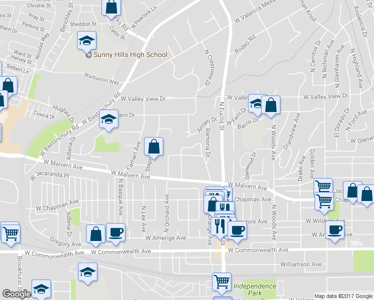 map of restaurants, bars, coffee shops, grocery stores, and more near 156 Rose Drive in Fullerton