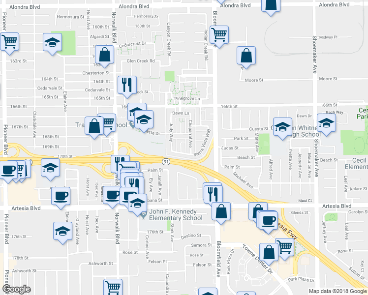 map of restaurants, bars, coffee shops, grocery stores, and more near 16932 Cedarwood Court in Cerritos