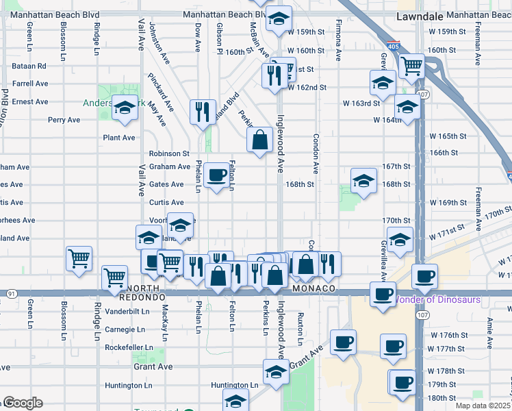 map of restaurants, bars, coffee shops, grocery stores, and more near 2616 Curtis Avenue in Redondo Beach