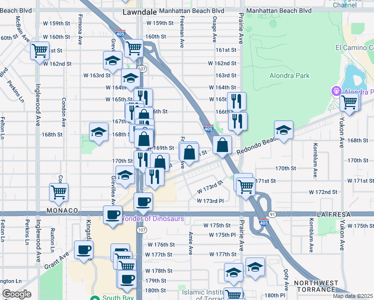 map of restaurants, bars, coffee shops, grocery stores, and more near 4170 169th Street in Lawndale