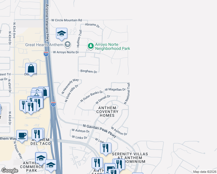 map of restaurants, bars, coffee shops, grocery stores, and more near 3648 West Magellan Drive in New River