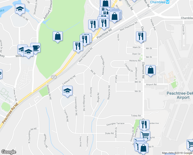 map of restaurants, bars, coffee shops, grocery stores, and more near 1777 8th Street in Chamblee