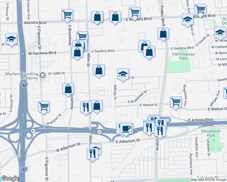 map of restaurants, bars, coffee shops, grocery stores, and more near 16955 Billings Drive in Carson