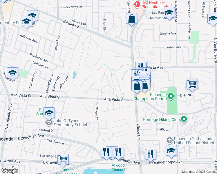 map of restaurants, bars, coffee shops, grocery stores, and more near 1036 East Hepp Drive in Placentia