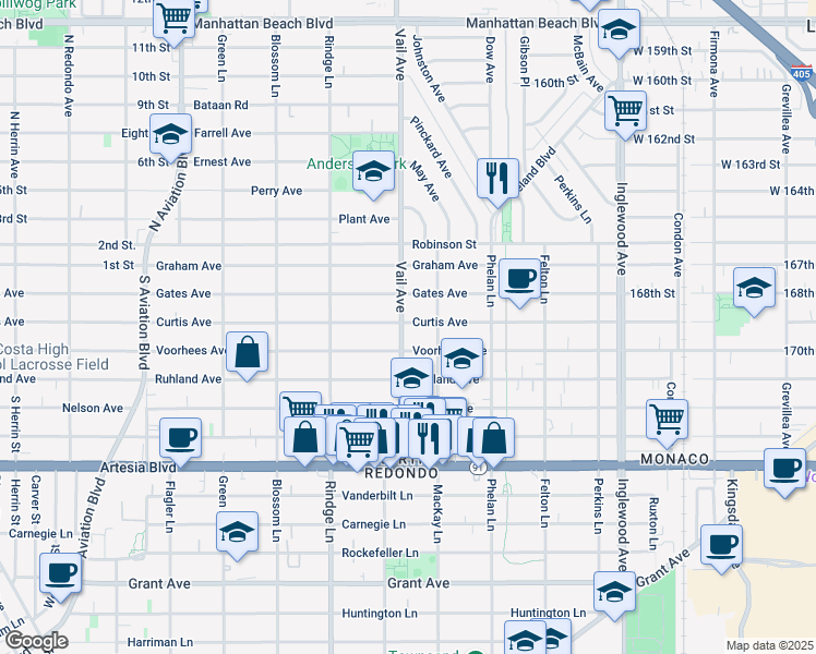 map of restaurants, bars, coffee shops, grocery stores, and more near 2410 Vail Avenue in Redondo Beach