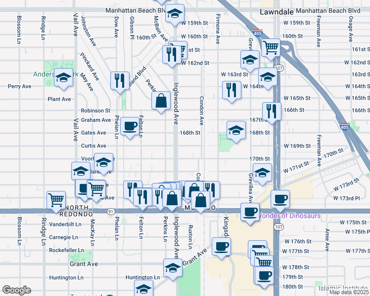 map of restaurants, bars, coffee shops, grocery stores, and more near 4742 169th Street in Lawndale