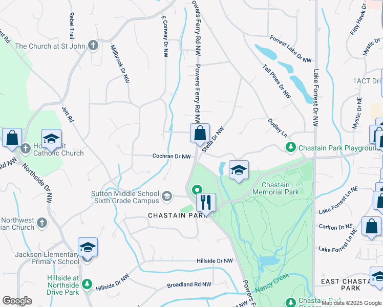 map of restaurants, bars, coffee shops, grocery stores, and more near 4480 Powers Ferry Road Northwest in Atlanta