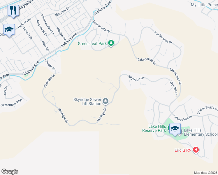 map of restaurants, bars, coffee shops, grocery stores, and more near 16689 South Peak Court in Riverside