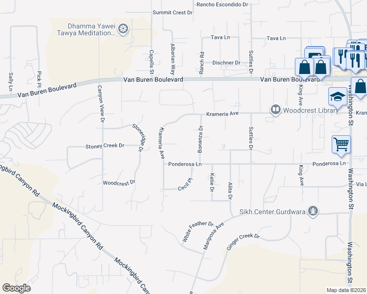 map of restaurants, bars, coffee shops, grocery stores, and more near 16165 Reiner Circle in Riverside
