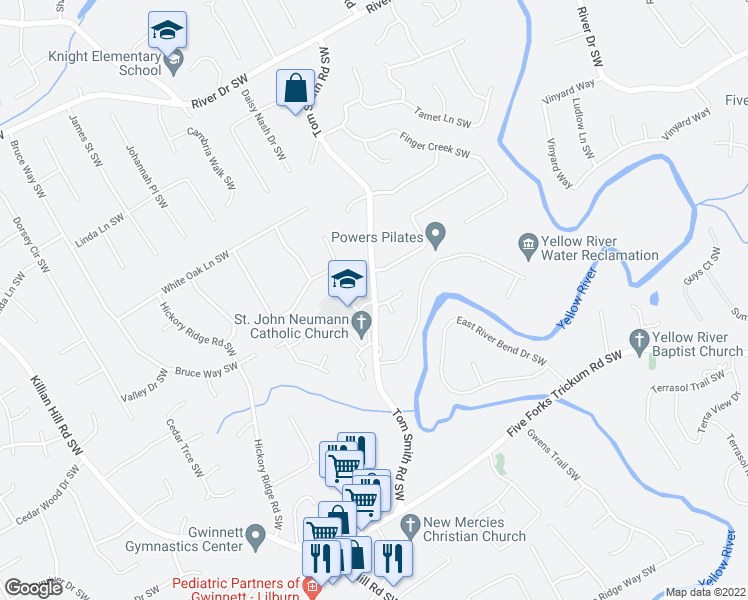 map of restaurants, bars, coffee shops, grocery stores, and more near 791 Tom Smith Road Southwest in Lilburn