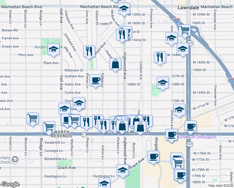 map of restaurants, bars, coffee shops, grocery stores, and more near 2622 Curtis Avenue in Redondo Beach