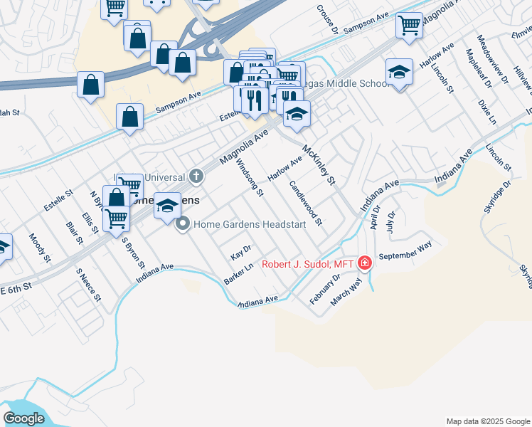 map of restaurants, bars, coffee shops, grocery stores, and more near 3596 Windsong Street in Corona