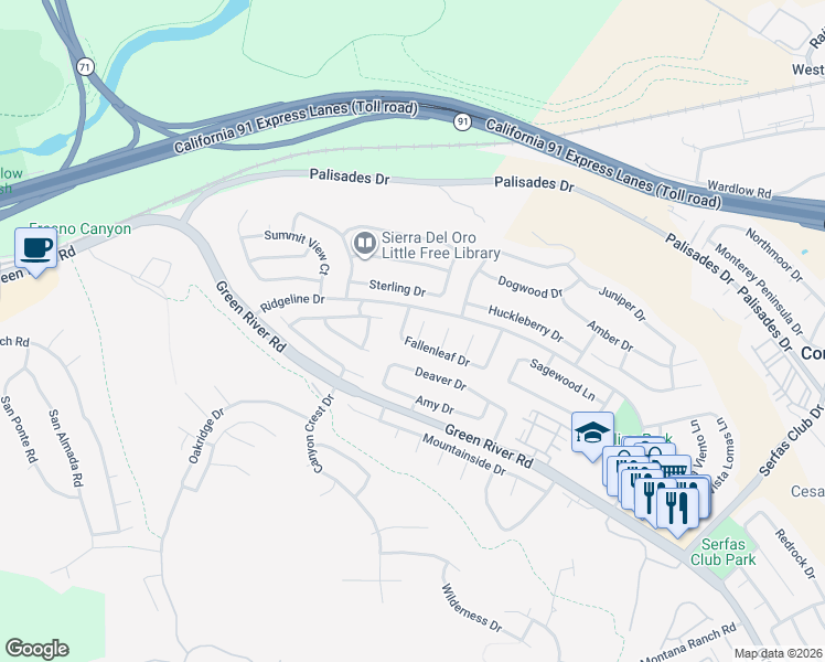 map of restaurants, bars, coffee shops, grocery stores, and more near 1049 Sugarberry Lane in Corona