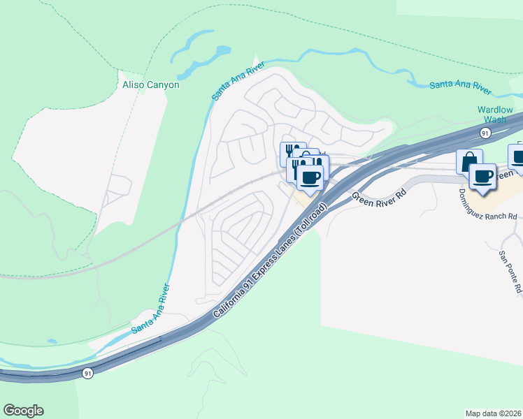 map of restaurants, bars, coffee shops, grocery stores, and more near Candlewood in Corona