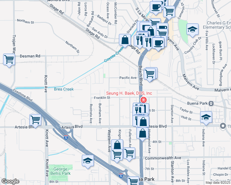 map of restaurants, bars, coffee shops, grocery stores, and more near 7551 Franklin Street in Buena Park