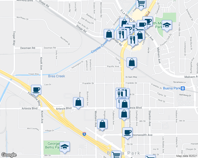 map of restaurants, bars, coffee shops, grocery stores, and more near 7551 Franklin Street in Buena Park