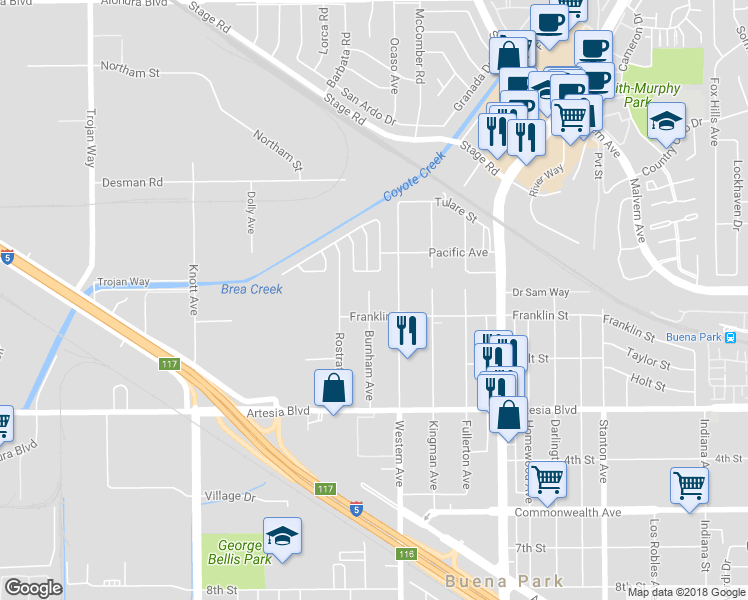 map of restaurants, bars, coffee shops, grocery stores, and more near 7421 Franklin Street in Buena Park