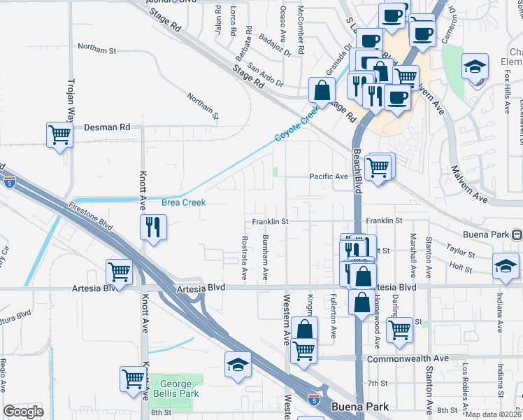 map of restaurants, bars, coffee shops, grocery stores, and more near 5701 Burnham Avenue in Buena Park