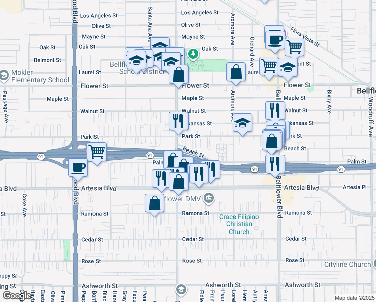 map of restaurants, bars, coffee shops, grocery stores, and more near 9443 Beach Street in Bellflower