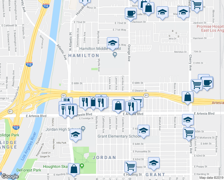 map of restaurants, bars, coffee shops, grocery stores, and more near 6765 Lewis Avenue in Long Beach