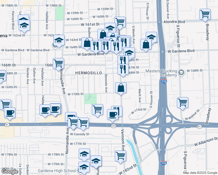 map of restaurants, bars, coffee shops, grocery stores, and more near 16920 Berendo Avenue in Gardena