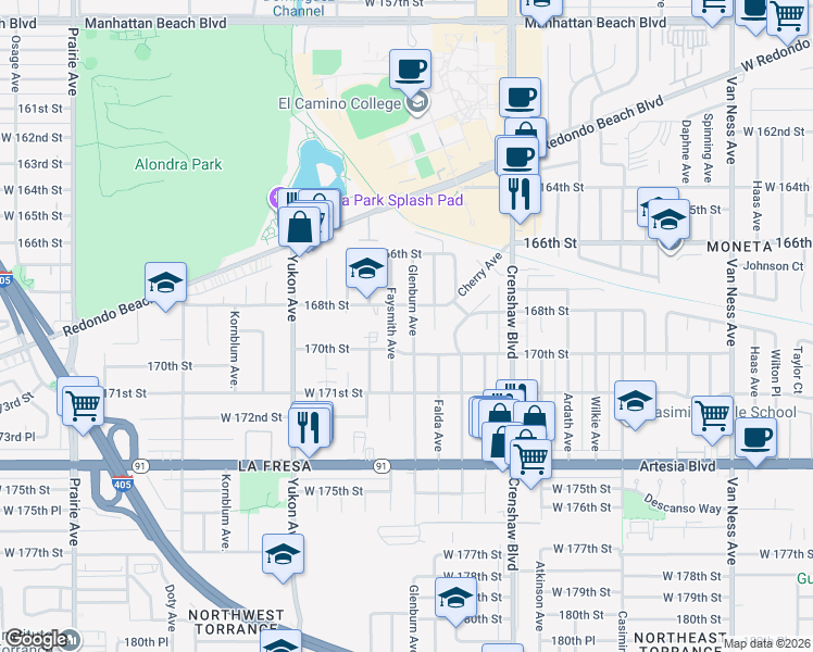map of restaurants, bars, coffee shops, grocery stores, and more near 16811 Glenburn Avenue in Torrance