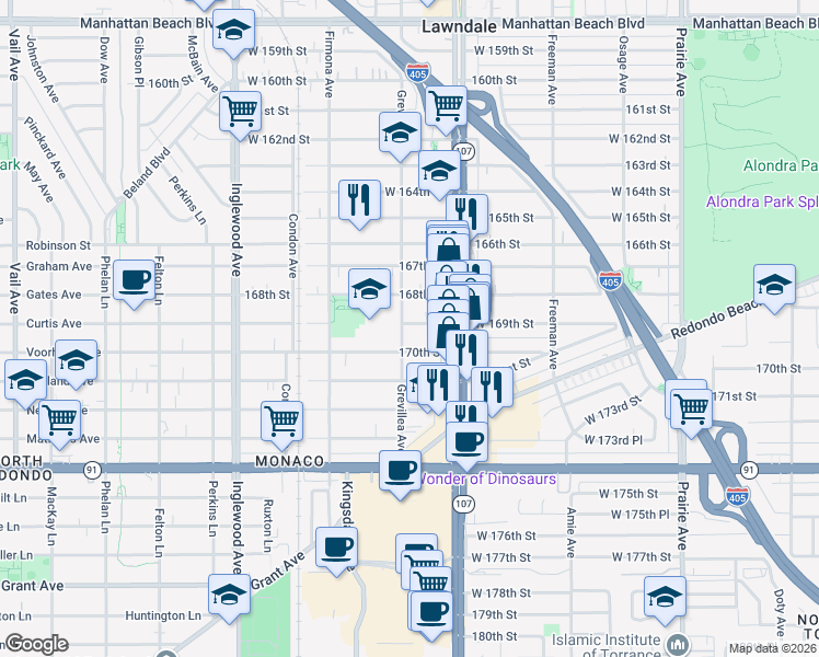 map of restaurants, bars, coffee shops, grocery stores, and more near 4446 169th Street in Lawndale