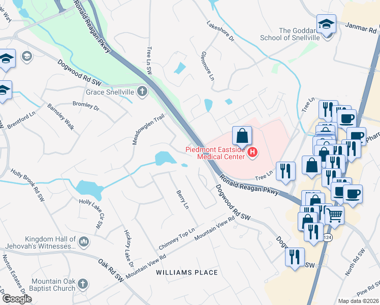 map of restaurants, bars, coffee shops, grocery stores, and more near 2370 Montrose Place in Snellville