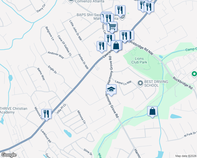 map of restaurants, bars, coffee shops, grocery stores, and more near 269 Braden Drive in Tucker