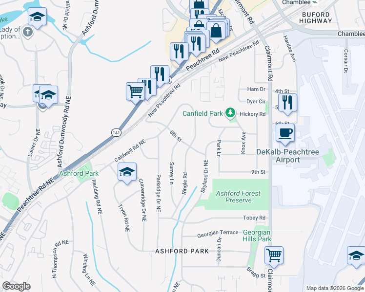 map of restaurants, bars, coffee shops, grocery stores, and more near 1777 8th Street in Chamblee
