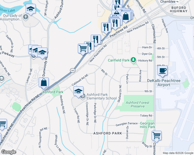 map of restaurants, bars, coffee shops, grocery stores, and more near 3042 Parkridge Drive Northeast in Atlanta