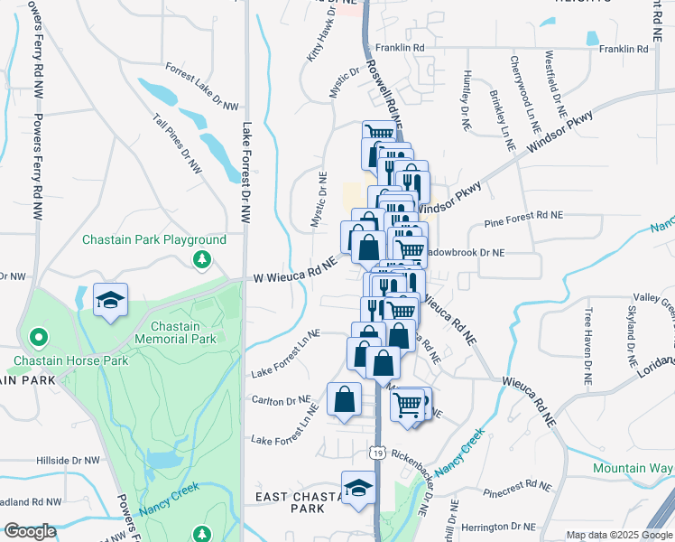 map of restaurants, bars, coffee shops, grocery stores, and more near 135 West Wieuca Road Northeast in Atlanta