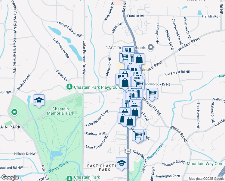 map of restaurants, bars, coffee shops, grocery stores, and more near 4106 Chastain Park Court Northeast in Atlanta