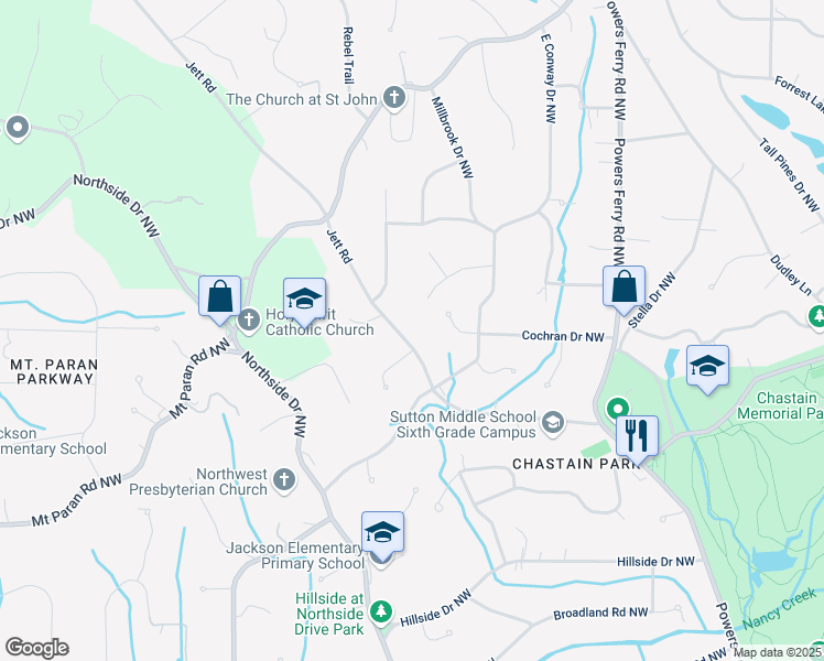 map of restaurants, bars, coffee shops, grocery stores, and more near 4477 Jett Road in Atlanta