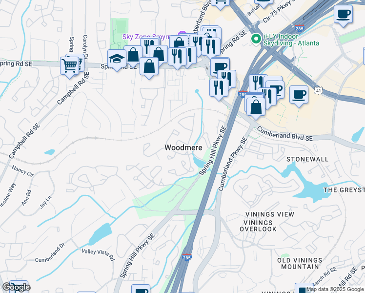 map of restaurants, bars, coffee shops, grocery stores, and more near 3020 Spring Hill Parkway Southeast in Smyrna