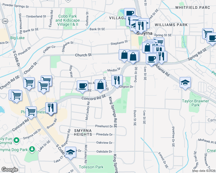 map of restaurants, bars, coffee shops, grocery stores, and more near 3123 Dunton Street in Smyrna