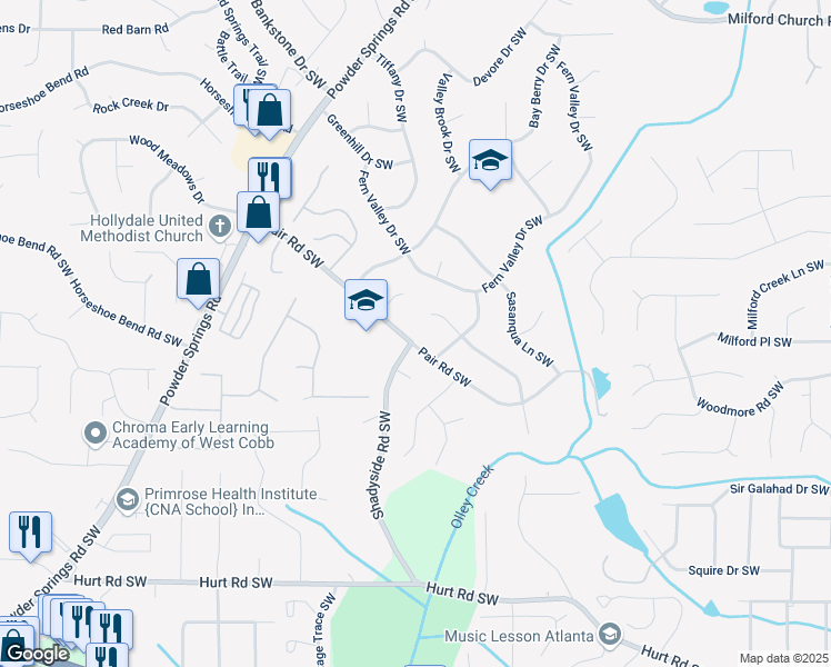 map of restaurants, bars, coffee shops, grocery stores, and more near 2058 Pair Road Southwest in Marietta