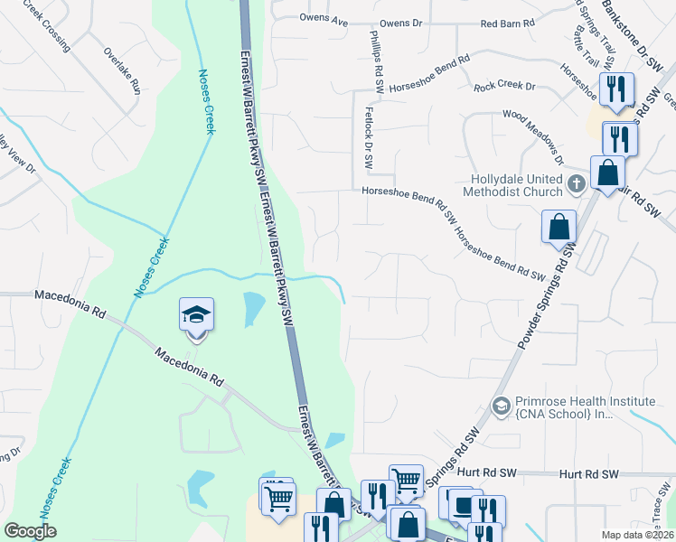 map of restaurants, bars, coffee shops, grocery stores, and more near 3136 Wild Oats Court Southwest in Marietta
