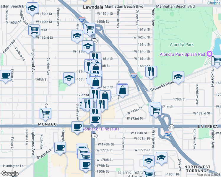 map of restaurants, bars, coffee shops, grocery stores, and more near 4230 169th Street in Lawndale