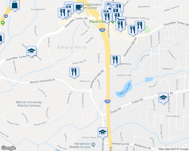 map of restaurants, bars, coffee shops, grocery stores, and more near 3128 Henderson Mill Road in Chamblee