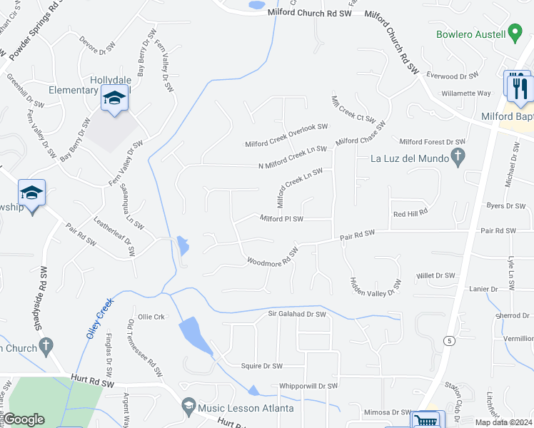 map of restaurants, bars, coffee shops, grocery stores, and more near 1528 Milford Place Southwest in Marietta