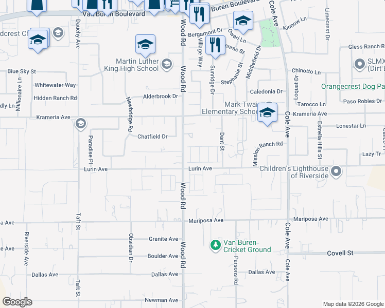 map of restaurants, bars, coffee shops, grocery stores, and more near 9558 Silverstein Drive in Riverside