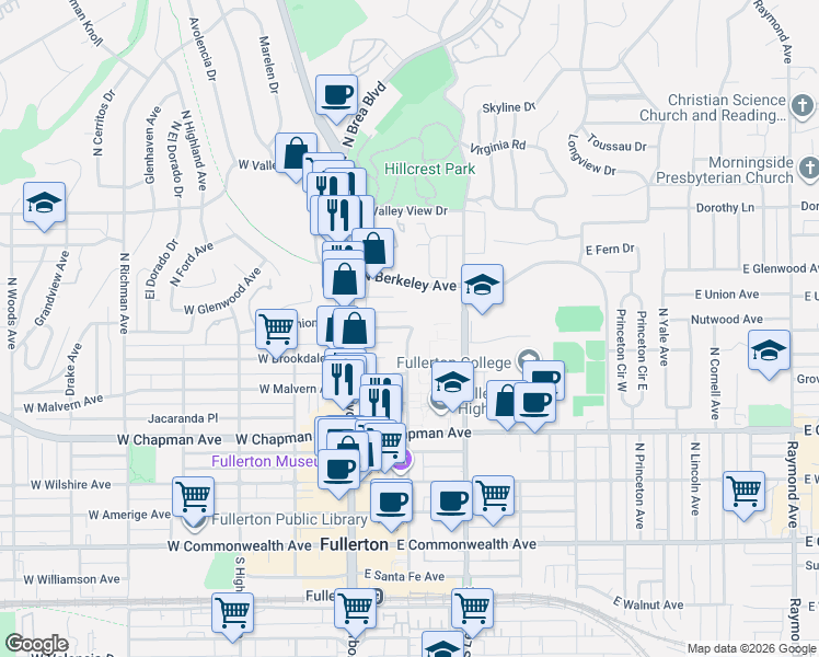 map of restaurants, bars, coffee shops, grocery stores, and more near 149 East Union Avenue in Fullerton