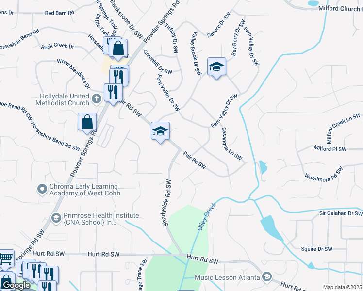 map of restaurants, bars, coffee shops, grocery stores, and more near 2058 Pair Road Southwest in Marietta